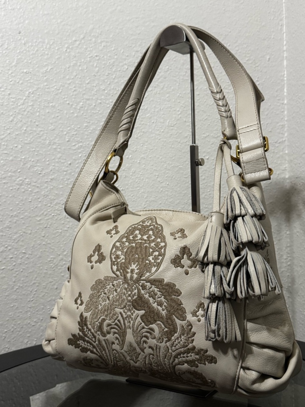 Isabella Fiore Cream Shoulder Bag with Gold Embroidered Motif - Picture 12 of 16